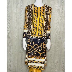 Vintage l'aiglon dress blue and gold / yellow scroll design sheath long sleeve m